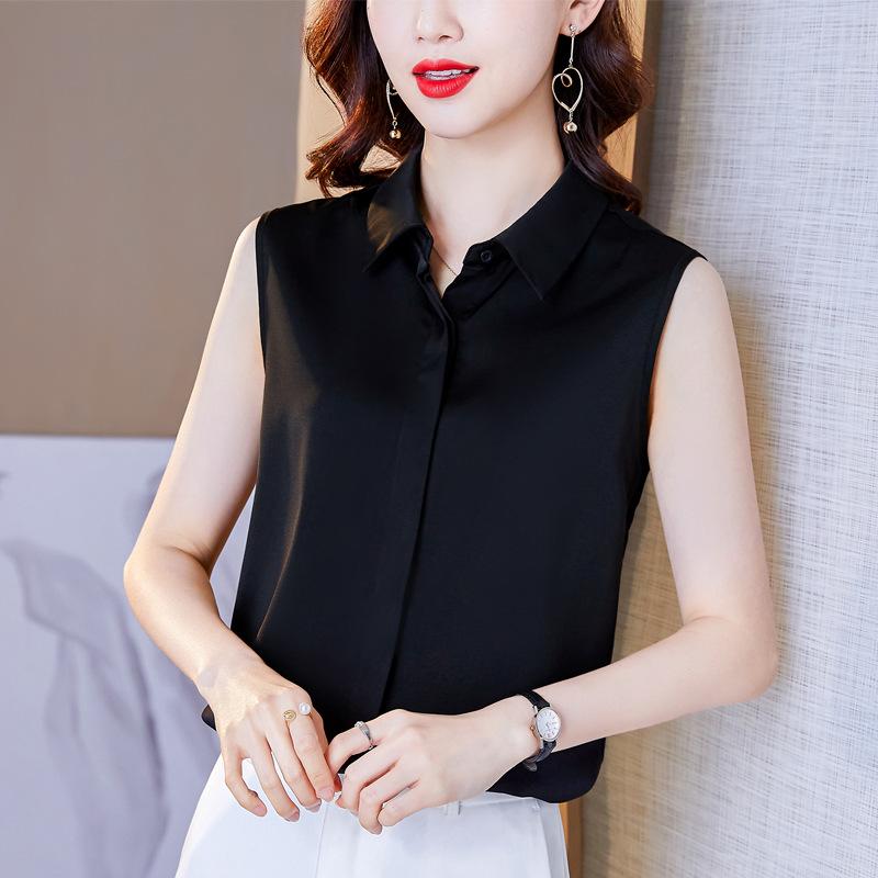 Elegant Ladies Shirts Temperament Commuter Career Satin Blouse Women Undershirt Shirt Sleeveless Loose Lapel White Blouse