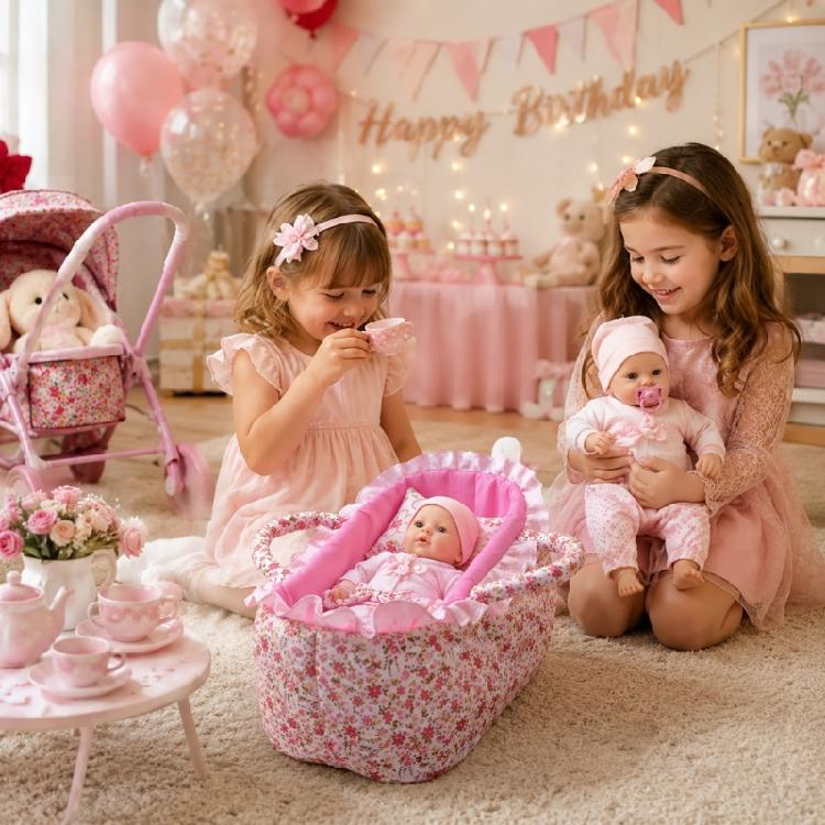 Doll Nursery Basket Bed With Pillow and Bedding, Fabric Pretend Play Cradle for 30cm Dolls and Display Roleplay Activity