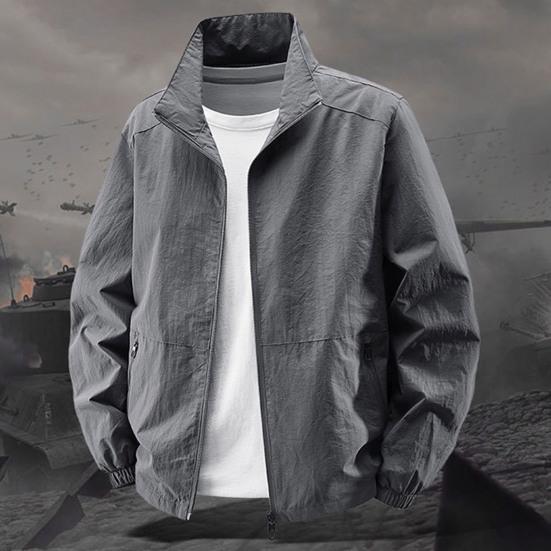 Мужская куртка с воротником-стойкой, длинным рукавом, на молнии, весенне-осеннее пальто с карманами, однотонная