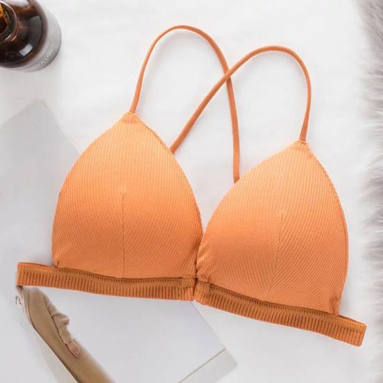 Women Solid Color Bra Triangle Cup Thin Straps Wrapping Chest Front Buckle Wireless Ribbed