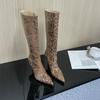 Fashion New Mixed Color Snake Patterned Side Zipper Knee High Boots Autumn Winter European American Fashion Pointed High-heel Long Boots