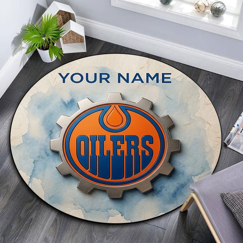 Custom Name,Edmonton Oilers pattern round rug,Carpet Rug for Living Room Bedroom Playroom ,Non-slip Floor Mat,Holiday Gifts and Birthday Gifts.