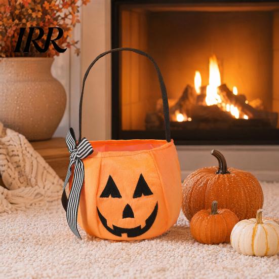 Embroidered Candy Holder Halloween Pumpkin Bag for Kids, Trick or Treat Tote Festive Decoration with Handle, Reusable Snack Bucket Party Favors