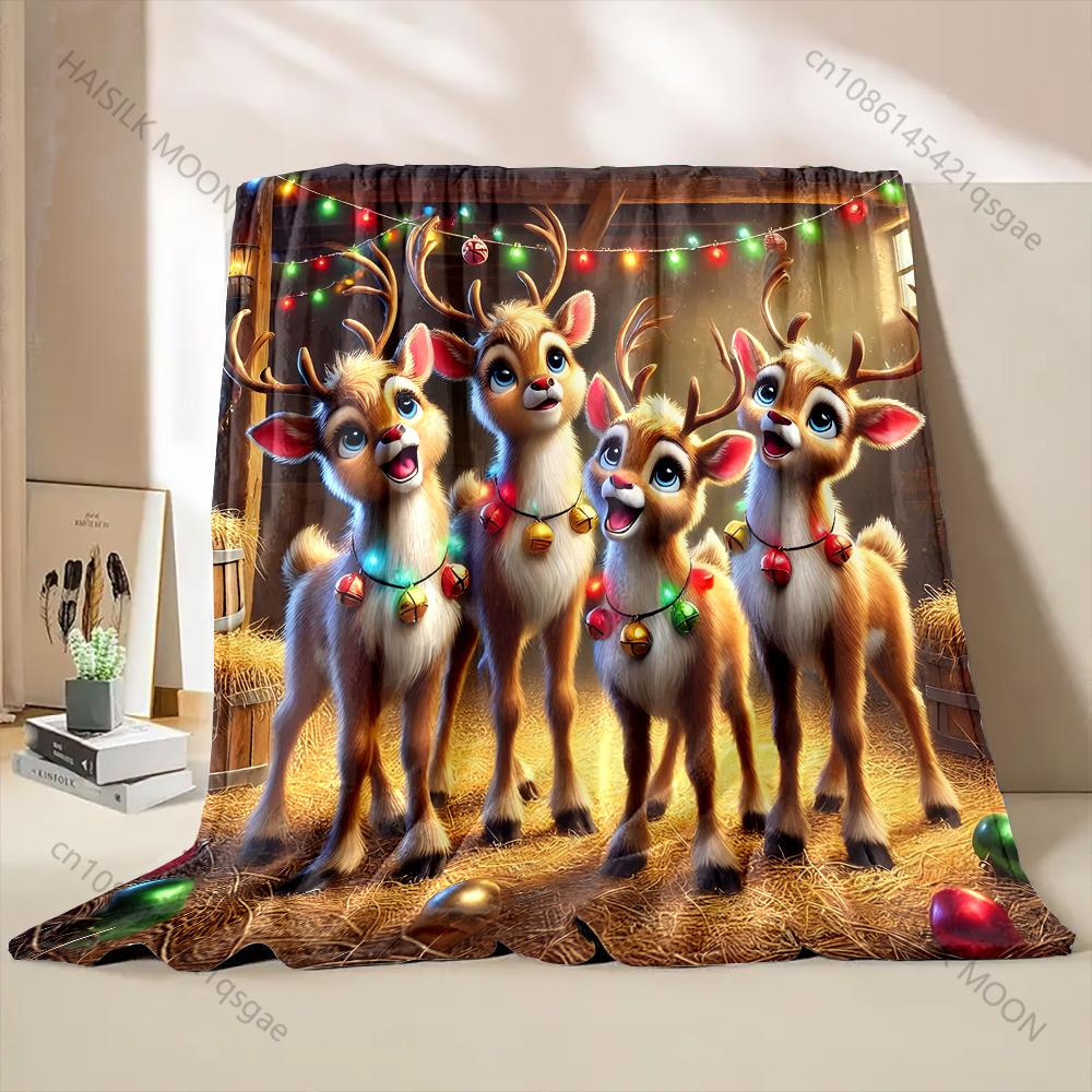 Festive Reindeer and Colorful Lights Pattern Blanket Flannel Material Soft Warm for All Seasons, Home Outdoor Camping Picnics RV