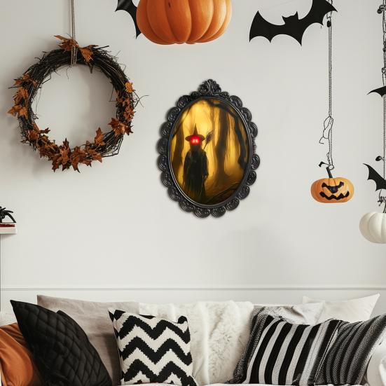 Witch Hologram Wall Mirror Spooky Halloween Glowing Ghost Mirror with Creepy Eyes for Indoor Bathroom Haunted House Decor