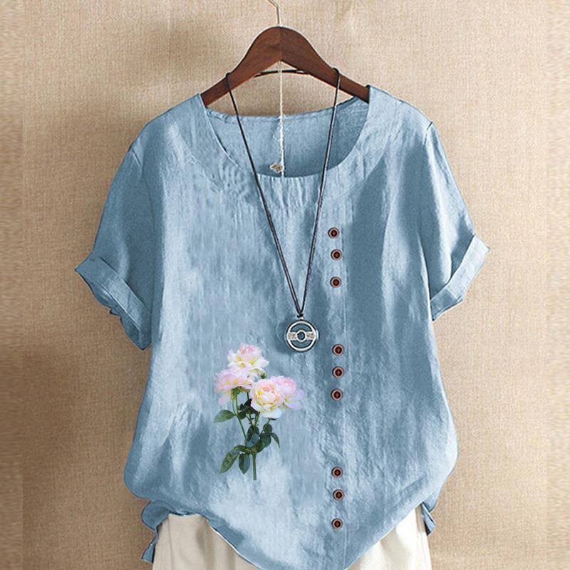 Женская модная футболка с коротким рукавом с цветочным принтом, свободная хлопковая рубашка, повседневная свободная летняя блузка, топы больших размеров