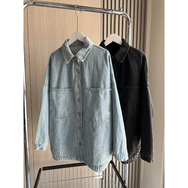 Джинсовая куртка Весна Полностью хлопковая Большие карманы Украшенная свободная версия женской джинсовой куртки в стиле рубашки