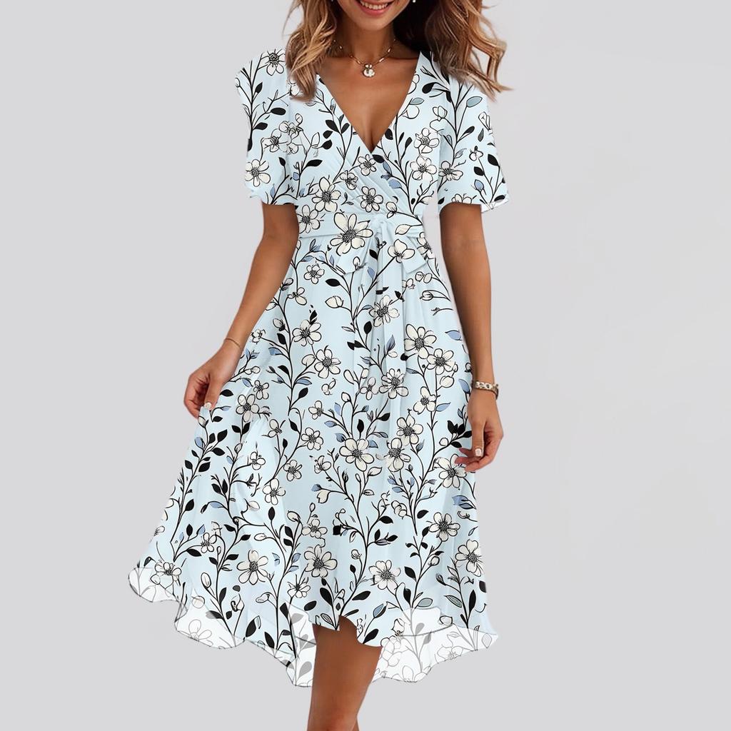 Women's Fashion Casual V Neck Short Sleeve Ruffled Vintage Printed Dresses