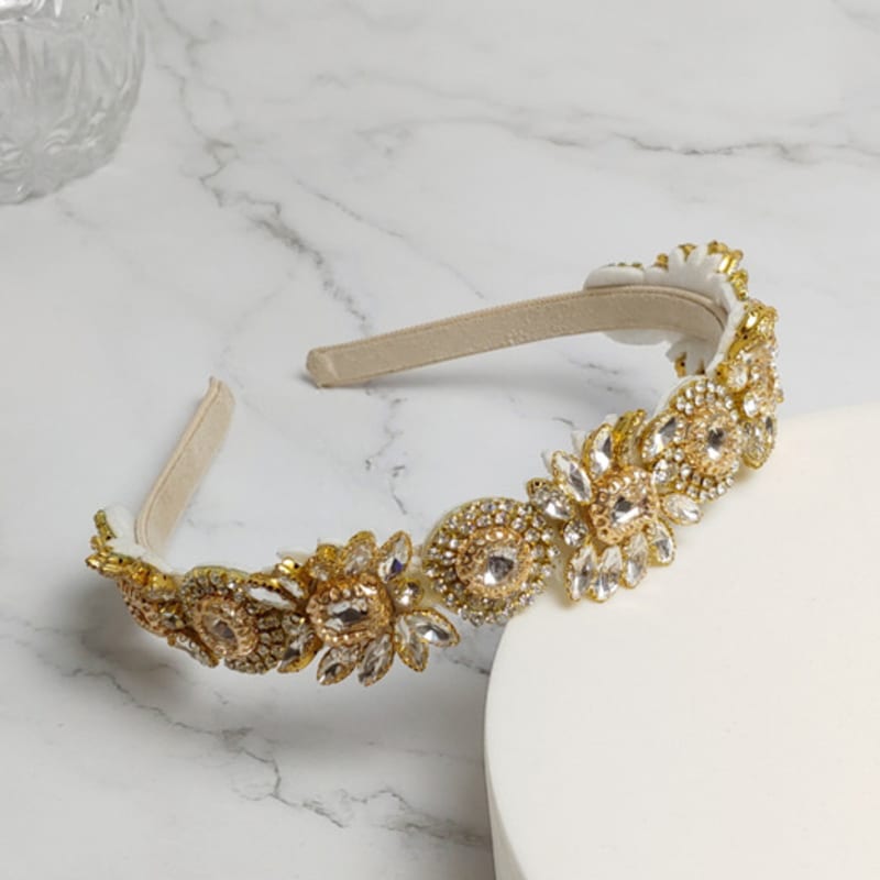 ЛАЛА Повязка для волос с цветком из драгоценных камней - Слоновая кость