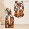 Women Plus Size Round Neck Three Quarter Sleeve Halloween Printed Flared Top And Flared Pants Two Piece Set