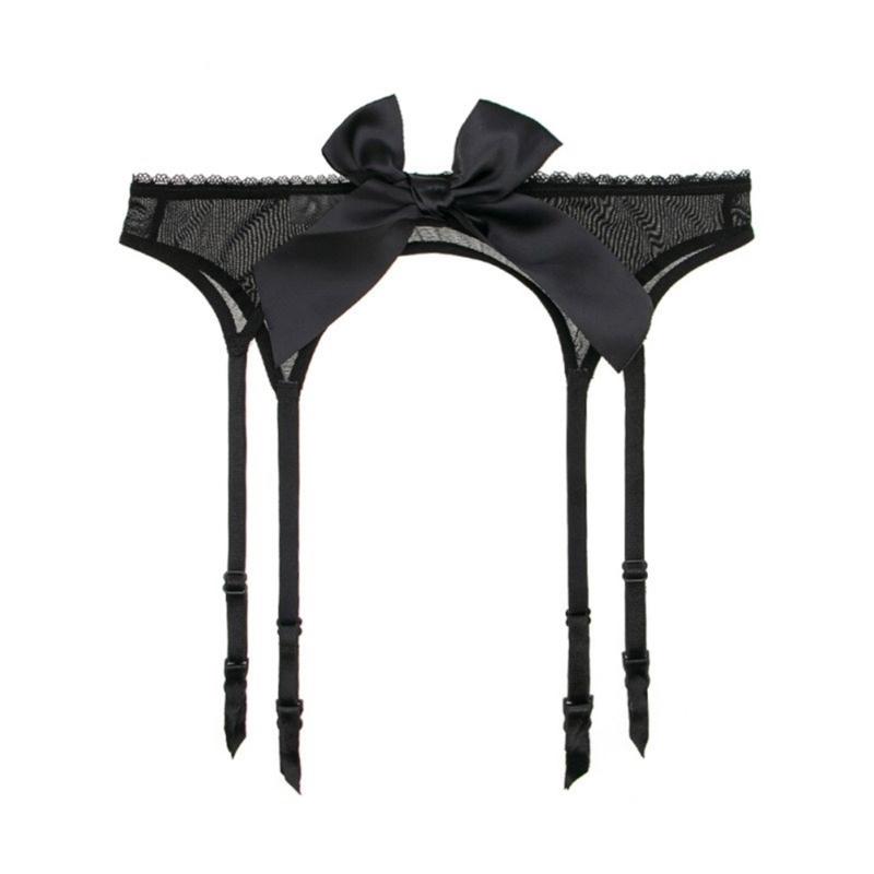 Women Sexy Mesh High Waist Garter Belt with 4 Adjustable Clip Cute Bowknot Corsets Suspender Belt for Stockings Lingerie
