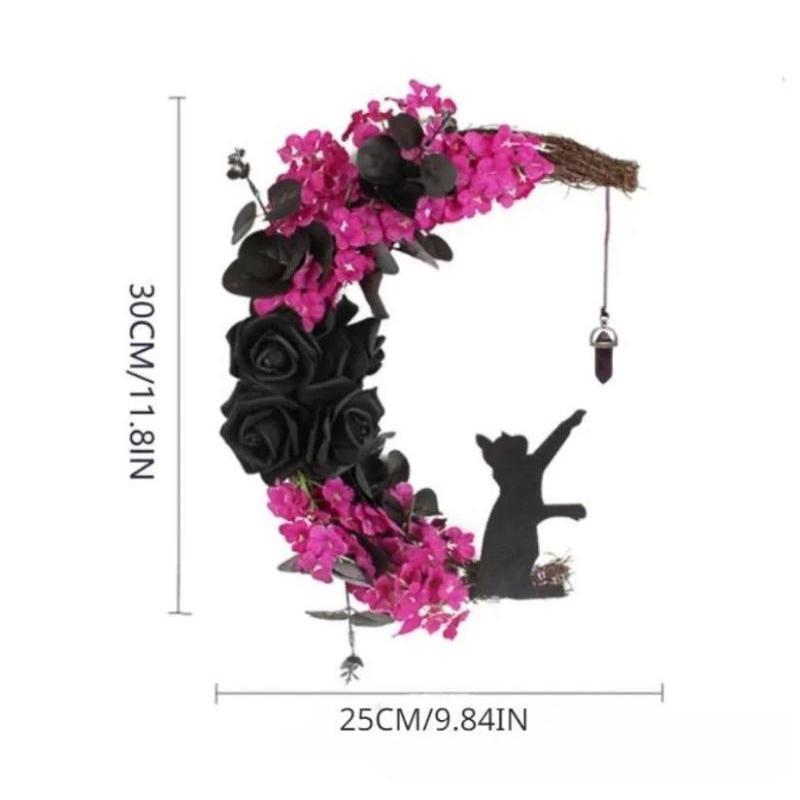 Гирлянда из кошек и луны на Хэллоуин с розовыми и черными украшениями, гирлянда на Хэллоуин, венок на Хэллоуин для входной двери, декор двери на Хэллоуин