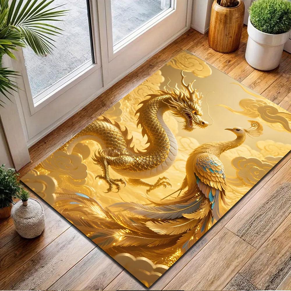 Golden Dragon and Phoenix in Clouds Patterned carpet, non slip mat suitable for living room and bedroom sofas
