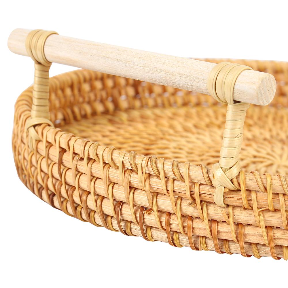 Round Shape With Handle Fruit Cake Wicker Basket Handwoven Rattan Storage Tray Breakfast Bread Food Plate Dinner Serving Tray