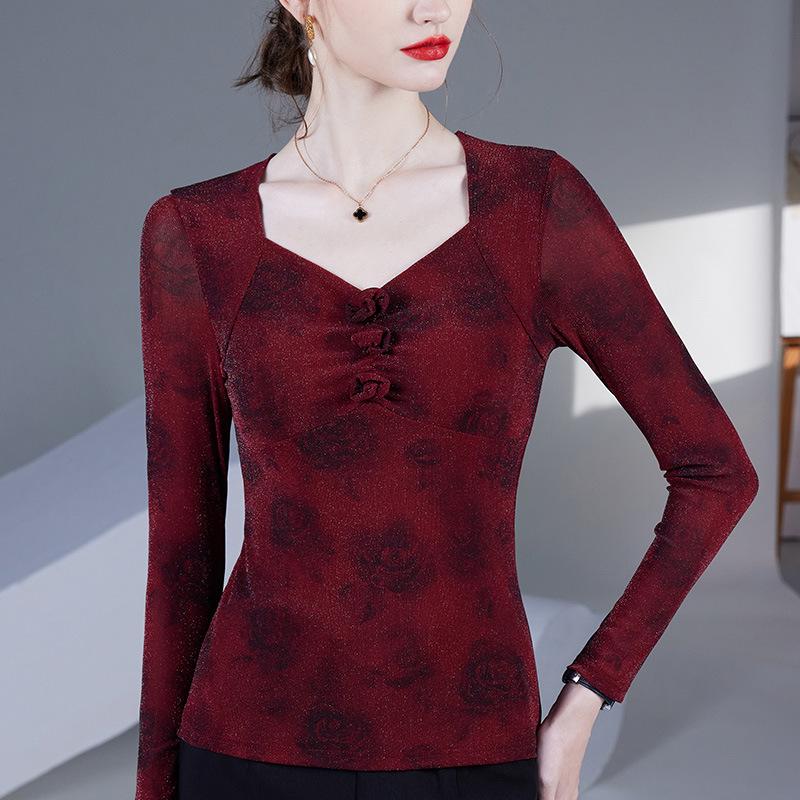 Весна/Осень 2025 Блузка из сетки с квадратным вырезом и принтом роз - Женский модный топ с длинным рукавом