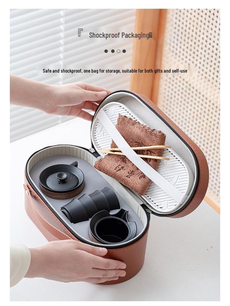 Элегантный портативный керамический чайный набор с деревянным подносом: 1 чайник и 4 чашки для приключений на открытом воздухе