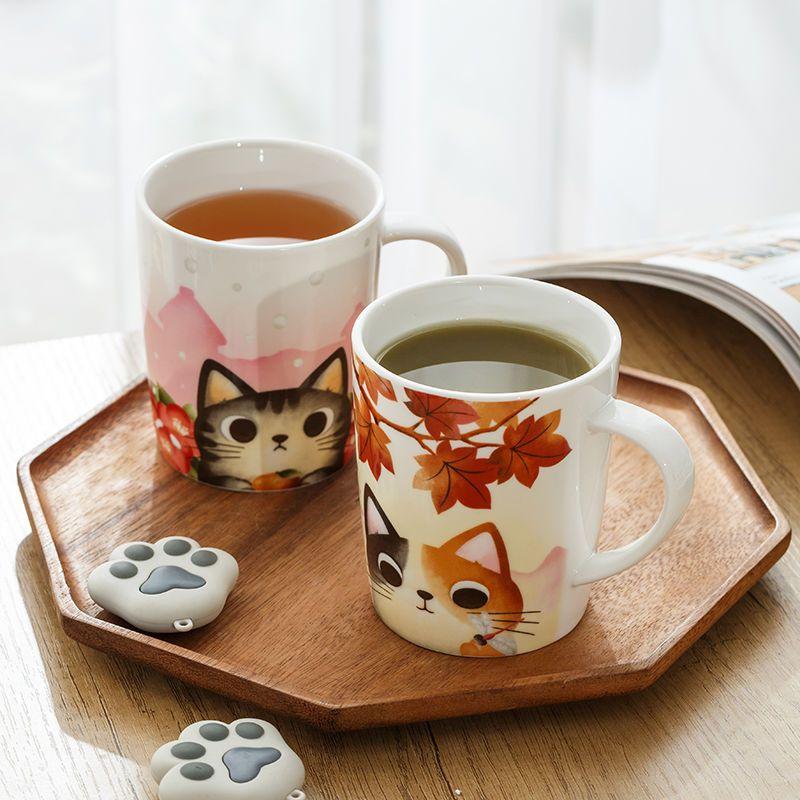 Керамическая кружка с японским котиком, Милые кофейные кружки, Кружки для завтрака с котиком и цветами сакуры, Стакан для воды для пары в офис или домой, Подарок на день рождения