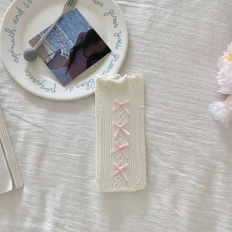 Сетчатые чулки Lolita Kawaii кружевные носки с оборками ажурные гольфы милые бантики JK Sweet Girls длинные носки женские чулки