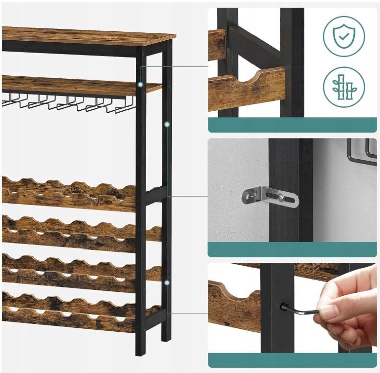 Shelf rack for wine and glasses. Wooden loft wine cabinet.
