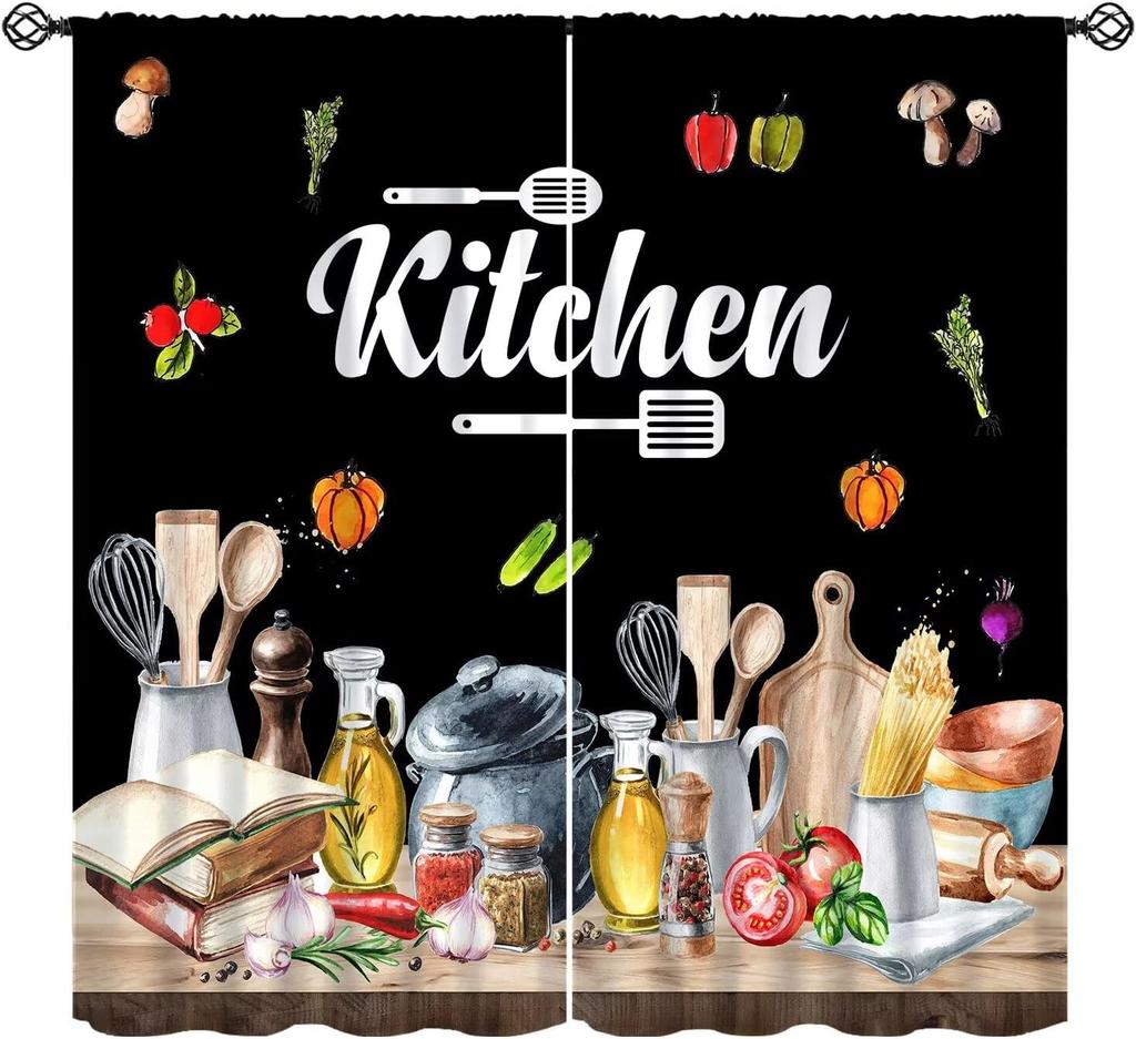 Занавески для кухни в деревенском стиле, акварельные занавески для кухни в стиле farmhouse с изображением кухонной утвари, овощей, фруктов, выпечки, для столовой