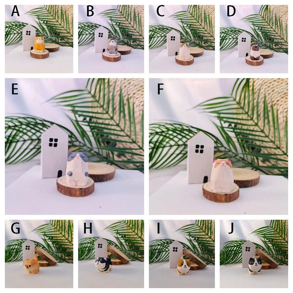 Mini Cat Dog Statues Painted Small Animal Dolls Desktop Accessories Wooden Animal Figurine Home