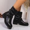 Lucyever Fashion Buckle Black Ankle Boots Women Pu Leather Thick Bottom Combat Boots Woman Slip On Platform Punk Botas Mujer