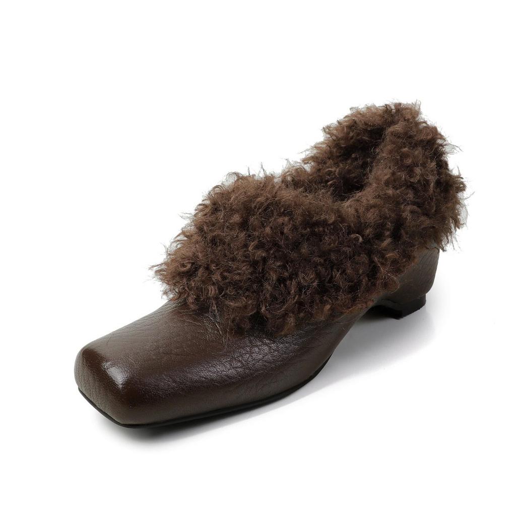 Версия из овчины, высококлассные пушистые туфли с квадратным носком, женские туфли из натуральной кожи и бархата, теплые хлопковые туфли с утолщенной подошвой, одинарные туфли Мэри Джейн, маленькие кожаные