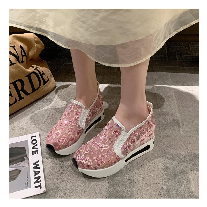 Женские одиночные туфли с приподнятой внутренней частью, весенне-летняя корейская версия, повседневная женская обувь с кружевной сеткой и пайетками, на толстой подошве