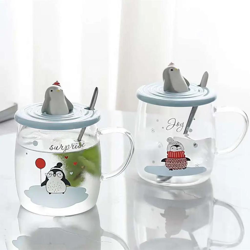 3D Lid Penguin Glass Mug With Spoon Mate Cup of Drinking Cute Mugs Coffee Cups Cup for Tea Glasses for Drinks Mugs Free Shipping