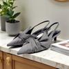 Fashion Elegant Gray Kitten Heel Slingback Strap Pumps Women Sexy Pointed Toe Satin Knot Heeled Sandals Fashion Office Designer Shoes