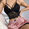 2 Pcs/Set Women Pajama Set Hollow Out Lace V Neck Backless Sleeveless Crop Top High Waist Satin Shorts Home Vacation Anniversary Sleepwear Outfits