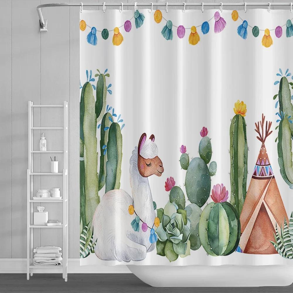 Милая Забавная Лама Альпака Шторка для Душа Веселые Мультяшные Животные Кактус Шторки для Душа для Ванной Комнаты Домашний Декор Водонепроницаемая Шторка для Ванны