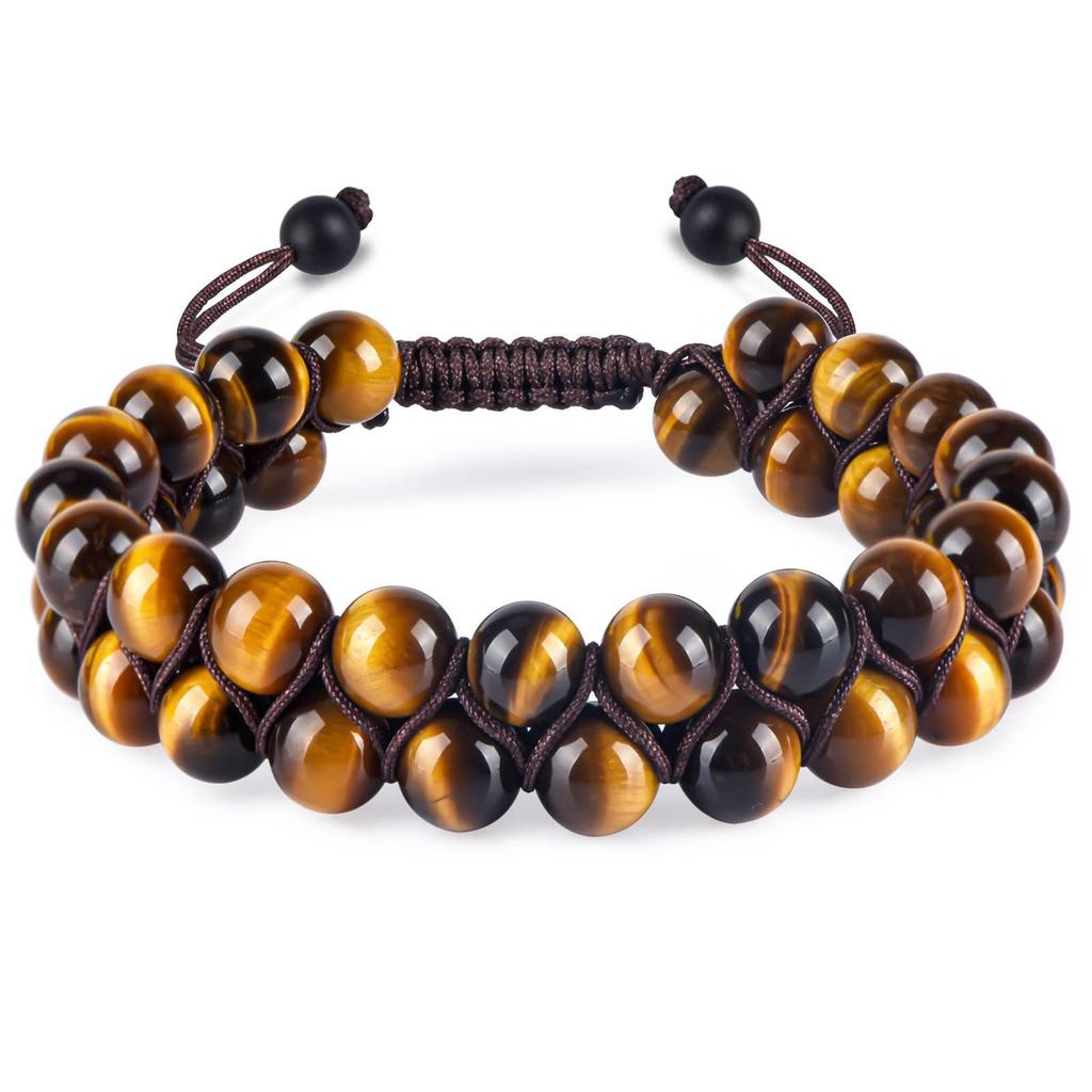 Woven natural stone double-layer bracelet, hand-woven adjustable bracelet, men's yellow tiger eye double-row bracelet.
