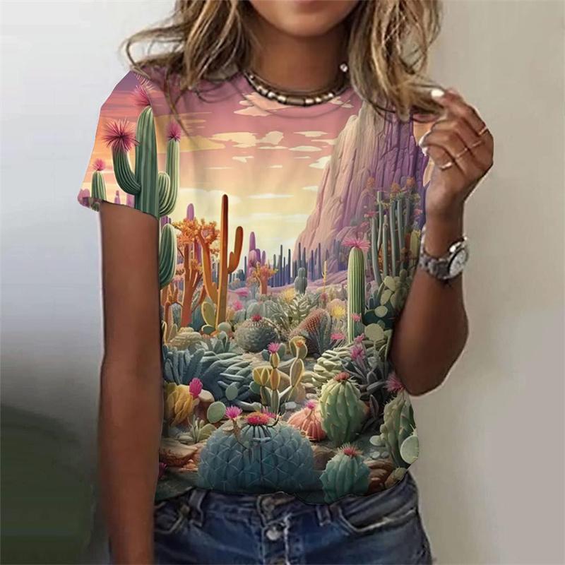 Summer Round Neck 3D Natural Scenery Printed Top Fashionable Casual Sunset Plants Pattern Short Sleeved Women's T-shirts