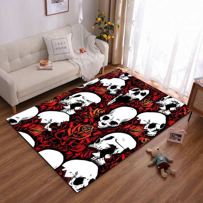 Skull and Rose Pattern Carpet, Red and Black Gothic Home Decor Rug Suitable for use as an anti-slip for living room bedroom sofas