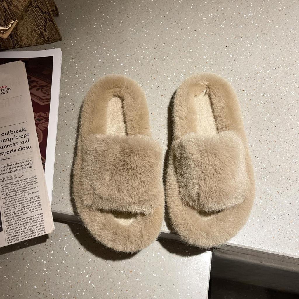Mao Mao Slippers Women's Outer Wear 2025 New Korean Version of Rabbit Fur Shoes Autumn and Winter Household One-word Flat-bottomed Home Cotton Slip