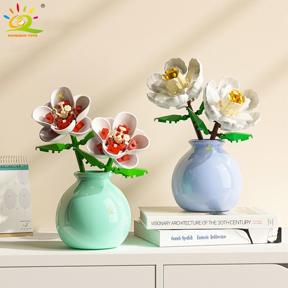 Huiqibao Moc Flower With Vase Model Building Block Diy Eternal Bouquet Home Desk Desk Plant Decor Brick Girl Gift Children Toy