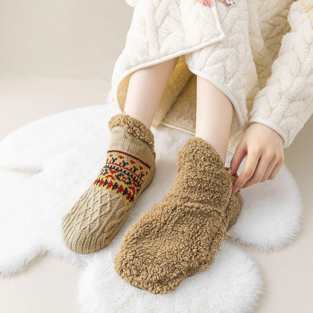 Plush Winter Floor Shoes Stripe Coral Fleece Socks Simple Thicken Warm Socks Home