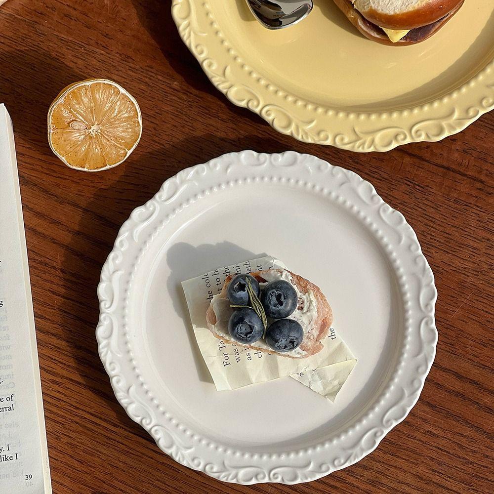 Embossed Design Ceramic Dessert Plate White/Yellow Color Western Dining Tableware Kitchen Use