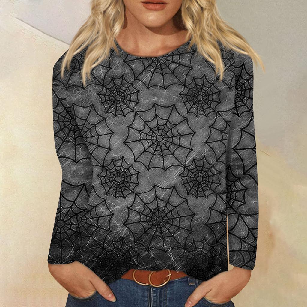 Women's Fashion Casual Long Sleeve Striped Halloween Printed Round Neck Top