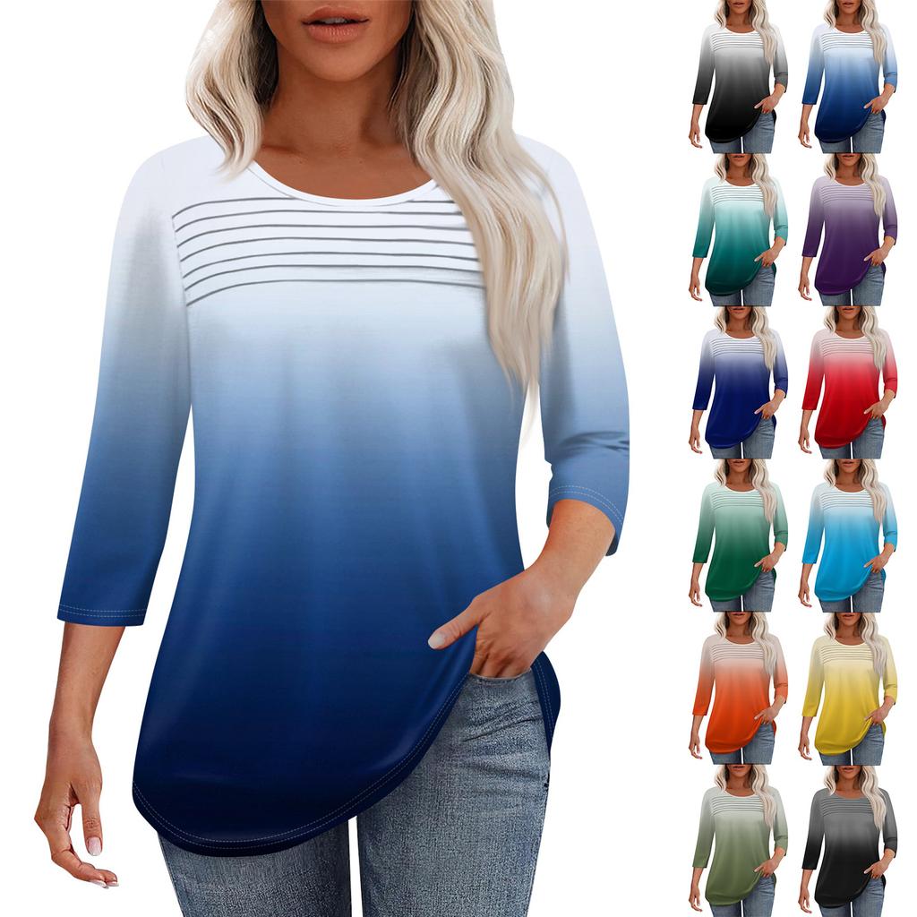 Женская мода круглый вырез шея плиссированная передняя планка однотонный топ рукав 3/4