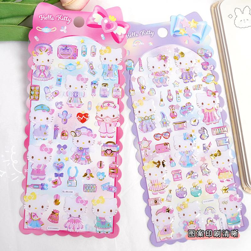 4pcs Kawaii Hello Kitty Epoxy Crystal Decals - Animation Design Mini Relief Waterproof Decals for Korean Pop Photocard Phone Case Mug Decor