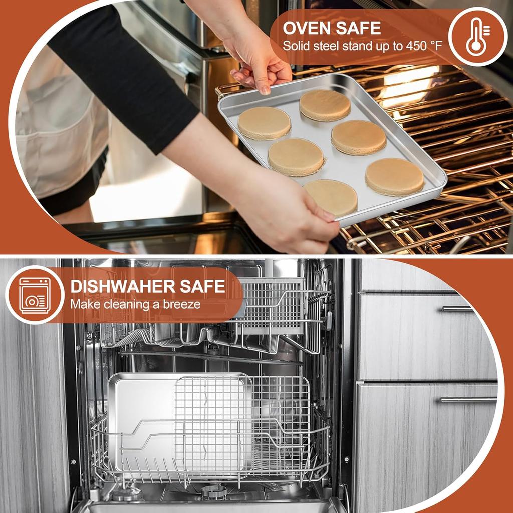 Steel Baking Sheet with Wire Rack Set, 10.5” x 8.3” Cookie Sheet Baking Pan for Toaster Oven, Small Metal Tray w