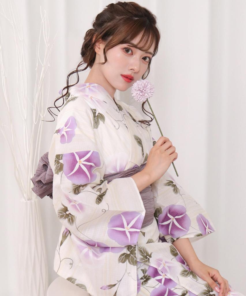 Комплект сменных юката, поясной ремень heiko x E Morning glory, прозрачный [Kyoetsu], плетеный, неотбеленный, 6 предметов (юката, оби, нижнее белье, гэта, 2) Женский