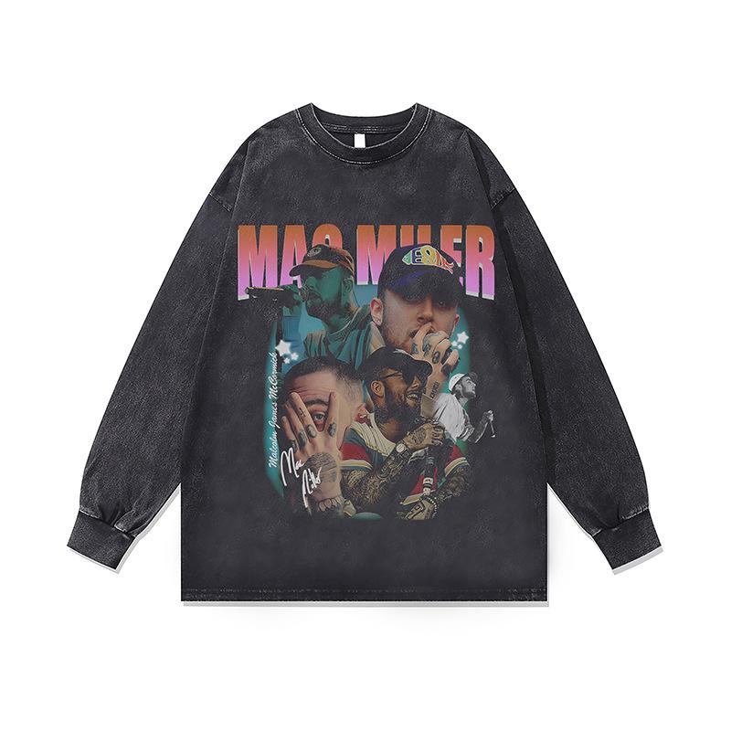 Стирка Ретро Стираная Толстовка с Круглым Вырезом Осень и Зима Новая Американский Хип-Хоп Нижний Слой с Длинным Рукавом Футболка для Мужчин и Женщин