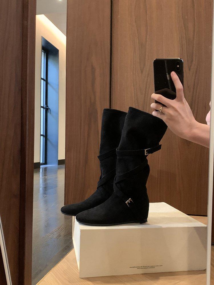 2025 новые ретро ковбойские сапоги в западном стиле женские мягкие плиссированные сапоги на наборном каблуке сапоги со скрытой платформой средней длины модные