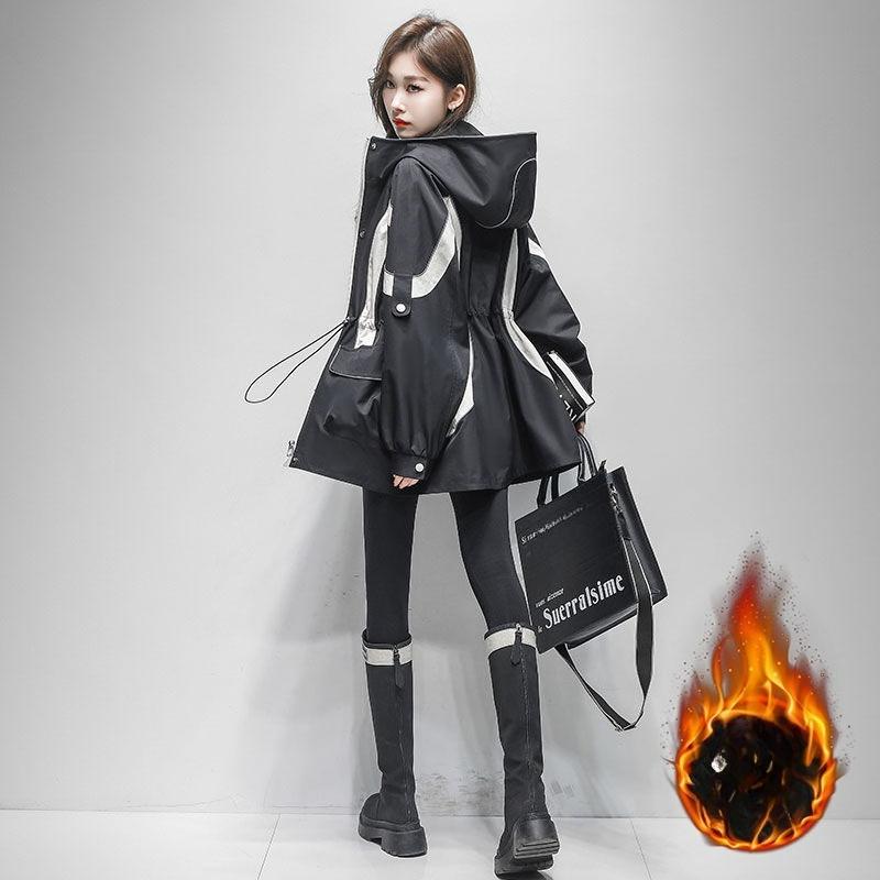 Winter Warm Thick Long Coat Women Fashion Color Block Hooded Windbreaker Casual Jacket