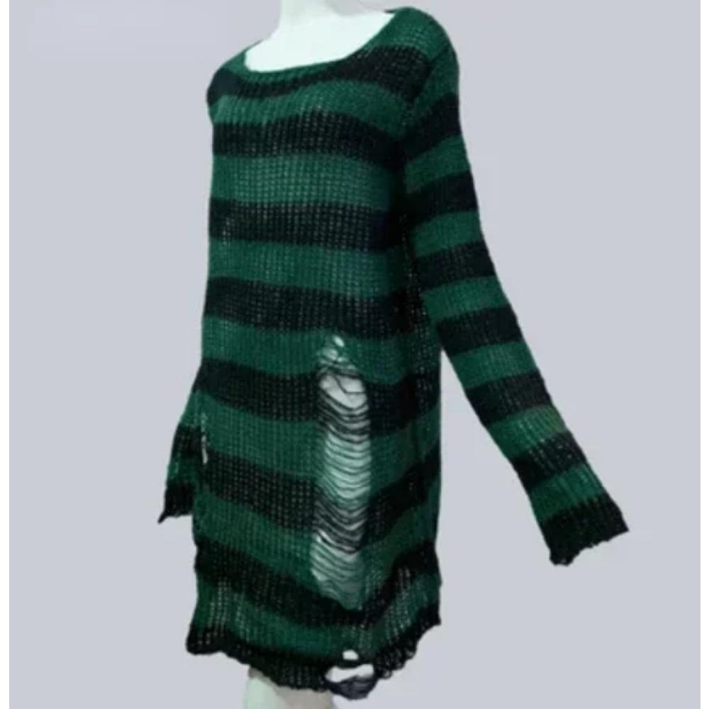 New Goth Punk Gothic Sweater Oversized Pullovers Women Striped Cool Hollow Out Hole Broken Jumper Harajuku Aesthetics Sweater