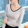 Контрастная базовая футболка женская внутренняя с длинным рукавом и круглым вырезом 2025 осень и зима новая женская одежда универсальный облегающий топ
