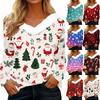 Women's T Shirt Tee Christmas Print Shirt Long Sleeve Party Christmas Fleece Collar V Neck Top